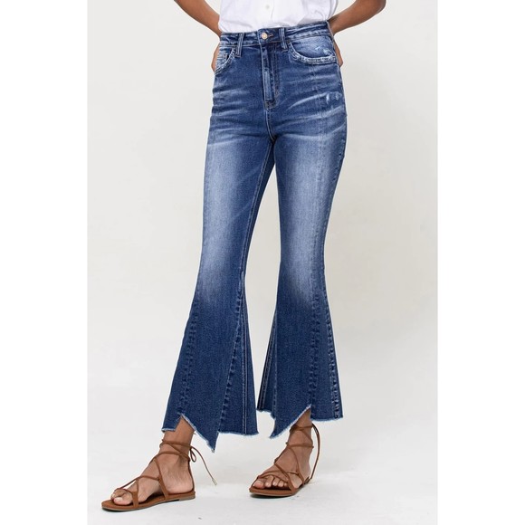 VERVET BY FLYING MONKEY Denim - Vervet Ankle Flare Jeans Sz 32 Super High Rise Uneven Cut Hem Cropped Womens